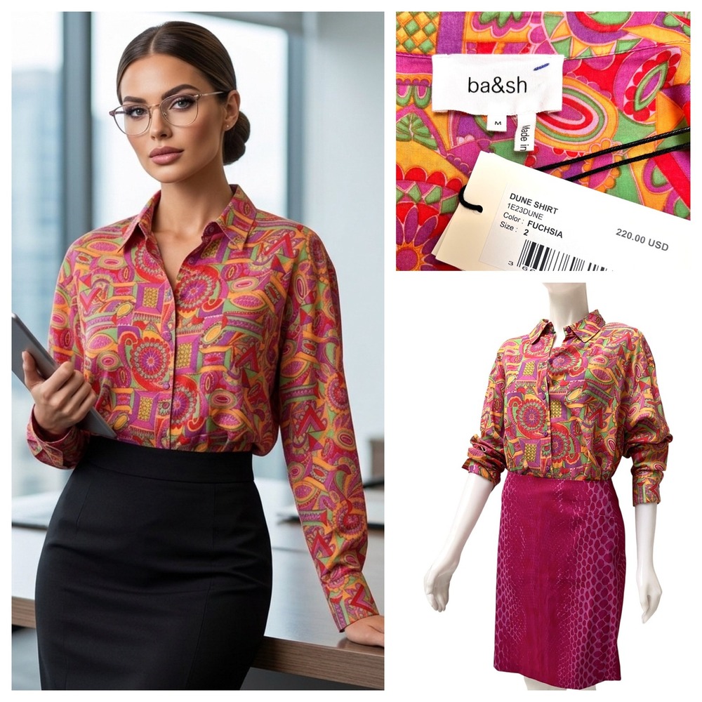 Ba&sh Paris Dune Printed Organic Cotton Women Shirt Fuchsia Psychedelic M NWT